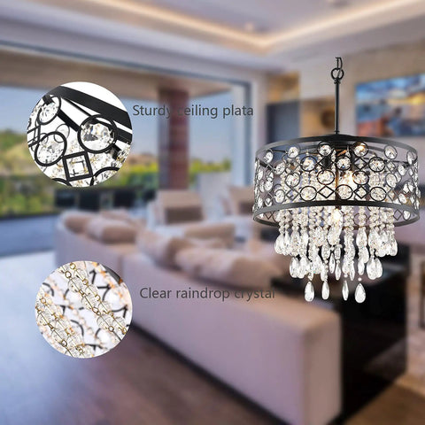 Five Light Crystal Drum Chandelier Pendant Light With Round Hanging Fixture in room setting