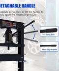 Heavy Duty Hydraulic Shop Press With Adjustable Benchtop Table And Solid H Frame Steel Construction features a detachable 18" long non-slip handle.