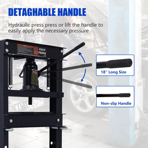 Heavy Duty Hydraulic Shop Press With Adjustable Benchtop Table And Solid H Frame Steel Construction features a detachable 18" long non-slip handle.