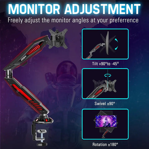 Single Gaming Monitor Arm With Mechanical Spring Load, fully adjustable with tilt, swivel, and rotation features for 32-inch screens.