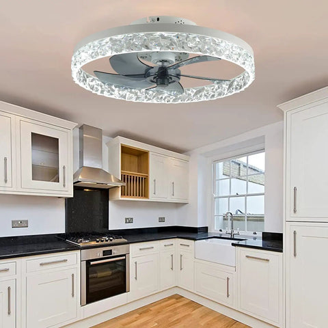 Ceiling Fan With Lights LED Remote Control Three Color Lighting Three Speeds Invisible Blades Flush Mount Enclosed Metal Shell Low Profile 19.7 Inches Sand White Finish For Living Rooms And Bedrooms installed in kitchen