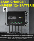 Four Bank 12V Marine Battery Charger Delivering 40A Total With 10A Per Bank mounted on wall for marine use