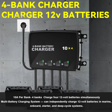 Four Bank 12V Marine Battery Charger Delivering 40A Total With 10A Per Bank mounted on wall for marine use