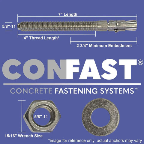 5/8 Inch by 7 Inch Wedge Anchor Zinc Plated for Concrete Only, Dry Environment, Heavy Duty Fasteners, Box of 20 diagram