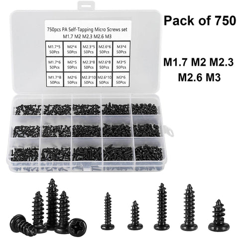 750 Piece Self Tapping Screws Set M1.7 Through M3 Phillips Pan Head Cross Recessed Carbon Steel Black for DIY Electronics