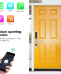 Image showing an All In One Antitheft Door Lock With Waterproof Build And Fingerprint Password IC Card Mobile App Remote Unlock Key Backup 200 Fingerprints 100 Cards Tuya Compatible Aluminum Alloy Easy Install on a yellow door with five opening modes displayed and a smartphone for app control.