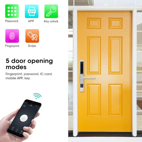 Image showing an All In One Antitheft Door Lock With Waterproof Build And Fingerprint Password IC Card Mobile App Remote Unlock Key Backup 200 Fingerprints 100 Cards Tuya Compatible Aluminum Alloy Easy Install on a yellow door with five opening modes displayed and a smartphone for app control.