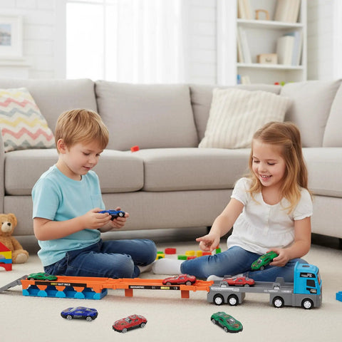 Children playing with 2-in-1 Foldable Race Track Truck Playset for Kids Ages 4 to 8 transforms from carrier to a 55-inch foldable track
