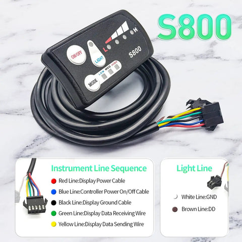 S800 LCD Display For Electric Bikes And Scooters, 36V 48V E Bike Dashboard With 5 Pin SM Plug and instruction cables