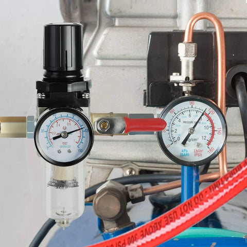 Front view of Hromee 1/4 in air compressor filter-regulator combo with gauges, water/oil separator and drain valve