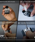 Image demonstrating the use of On The Money 10 Second Zero Gap Blade Setter For Razors And Clippers Precision Blade Alignment Tool