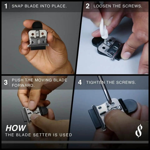 Image demonstrating the use of On The Money 10 Second Zero Gap Blade Setter For Razors And Clippers Precision Blade Alignment Tool