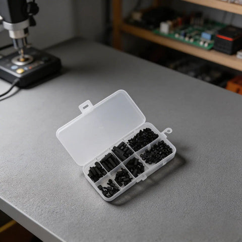 M3 Black Nylon Hex Standoff Spacer Kit With Nuts And Flat Head Screws, 180 Piece Set, Six Lengths From 6mm To 20mm, Perfect For RC Drones FPV Electronics Projects And PCBs, Comes In A Practical Storage Box. Open storage box with black nylon standoffs and screws for PCB and RC projects