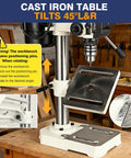 Kickass 8 Inch Benchtop Drill Press With Heavy Duty Cast Iron Head And 5 Variable Speed Settings Up To 3100 Rpm Plus Tilting Height Adjustable Work Table, showing adjustable cast iron table.