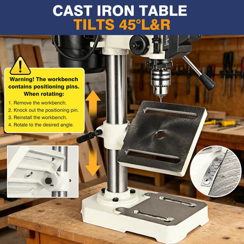 Kickass 8 Inch Benchtop Drill Press With Heavy Duty Cast Iron Head And 5 Variable Speed Settings Up To 3100 Rpm Plus Tilting Height Adjustable Work Table, showing adjustable cast iron table.