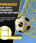 Close-up of upgraded heavy-duty waterproof knotted netting with a soccer ball, showcasing strength and durability for 12x6 Ft Portable Soccer Goal For Backyard Use Fast Setup Collapsible Metal Base Rust Proof Frame Ideal For Indoor Outdoor Practice And Training Includes Carry Bag.