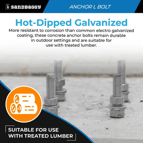 Half Inch By Ten Inch Threaded Concrete Anchor L Bolts With Nuts And Washers Included Hot Dipped Galvanized For Sill Plate Base Plate Installations Masonry Wood Cement Anchors J Bolt Set 100 displayed on concrete surface.