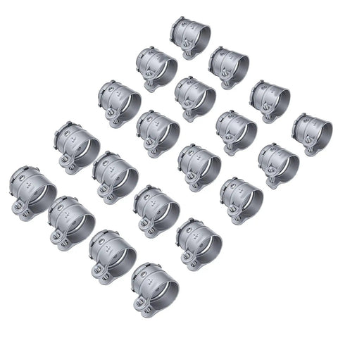 Top Shelf Twenty Pack Of 3/4 Inch Zinc Alloy Squeeze Connector Conduit Fittings arranged for quick junction box hookups.