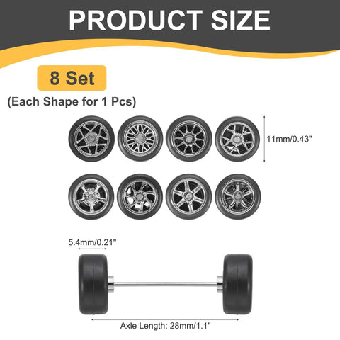 8 Piece 1/64 Scale Wheel And Tire Set With Real Riders Rims And Axles For RC Diecast Cars DIY Model Kit Silver Dope Upgrade