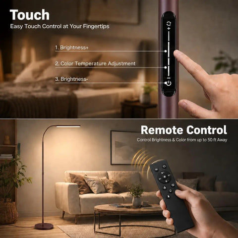 Bright 15W 1000 Lumen LED Floor Lamp with stepless dimming remote and touch control in a living room setting