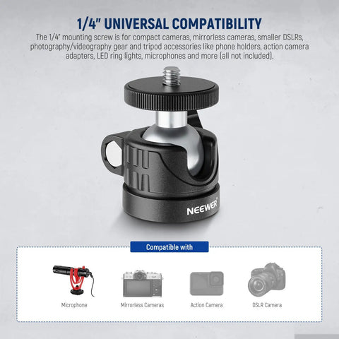 Budget Friendly Compact Mini Ball Head For Tripods And Mounts With One Quarter Inch Screw, 360 Swivel And 90 Tilt, universal compatibility
