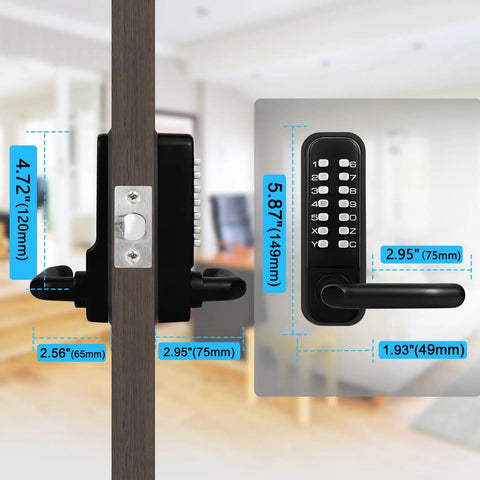Side view of Beefed-Up Mechanical Door Lock With Adjustable Deadlatch For 2 3/8 Inch Or 2 3/4 Inch Holes, showing handle and keypad.