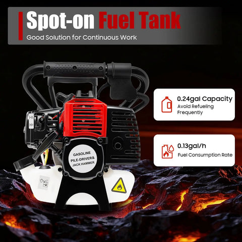 32.7cc Gas Powered T Post Driver With Conversion Head And Chisel showcasing fuel tank capacity and efficiency