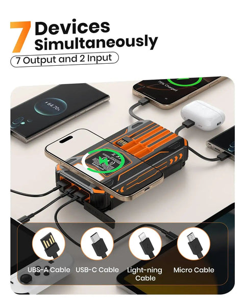 On The Go 48000mAh Solar Charger Power Bank charging multiple devices with built-in cables and wireless charging pad