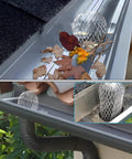 Six Pack Downspout Guard Filter Set Aluminum Gutter Strainer Mesh Screens Expandable Downspout Protector installed blocking debris.