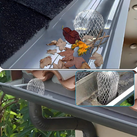 Six Pack Downspout Guard Filter Set Aluminum Gutter Strainer Mesh Screens Expandable Downspout Protector installed blocking debris.