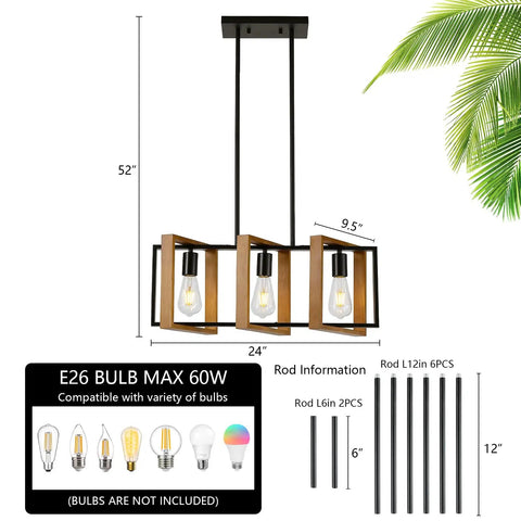 Modern Farmhouse 23.6 Inch Kitchen Island Light With Three Lights, Rectangular Dining Table Chandelier, E26 Base, Wood Frame And Metal Body