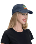 Side view of woman wearing Lightweight Navy Blue Cap For Women With Dope Front Artwork Adjustable Buckle One Size Fits Most Casual Everyday Hat