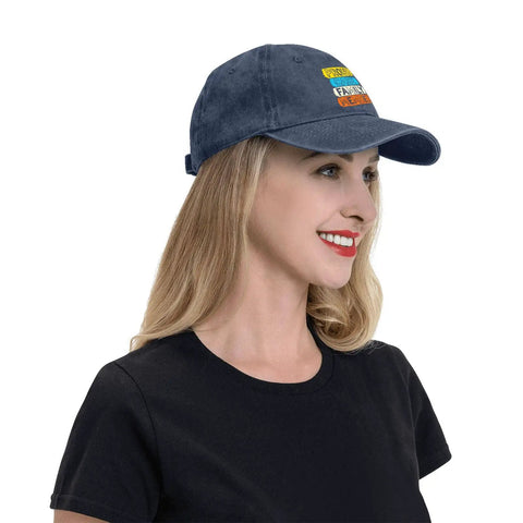 Side view of woman wearing Lightweight Navy Blue Cap For Women With Dope Front Artwork Adjustable Buckle One Size Fits Most Casual Everyday Hat