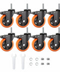 Industrial Grade 4 Inch Caster Wheels With Threaded Stem Swivel Brakes set of 4 with orange polyurethane wheels and hardware.
