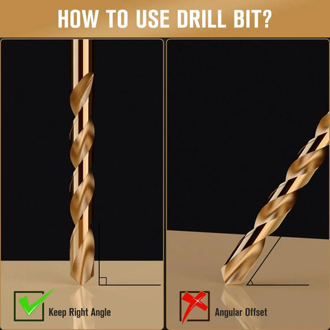 Instructional image showing correct and incorrect angles for using Heavy Duty 115 Piece M35 Cobalt Drill Bit Set.