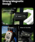 Dominate The Fairway With This Heavy Duty Golf Rangefinder Featuring Auto Slope Compensation And Smart Triangulation For Locked Flags Up To 1300 Yards Slick Magnetic Clip attached to golf cart and worn on belt.