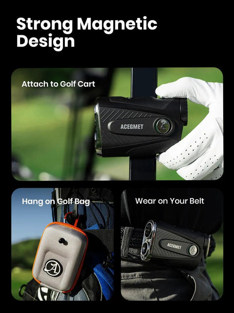 Dominate The Fairway With This Heavy Duty Golf Rangefinder Featuring Auto Slope Compensation And Smart Triangulation For Locked Flags Up To 1300 Yards Slick Magnetic Clip attached to golf cart and worn on belt.