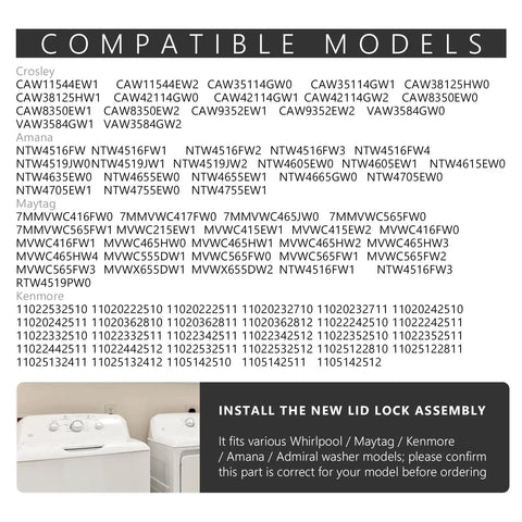 Washer Lid Lock Replacement 3 Wire Door Lock No Fuss Install, Compatible With Whirlpool Maytag Amana Kenmore models list.