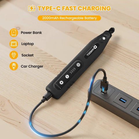 Mini 4V Cordless Rotary Tool with 2000mAh Battery Type-C charging, shown charging via power strip for engraving and sanding.