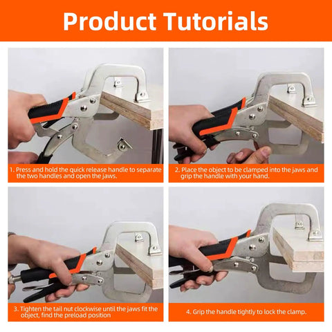 Product tutorial showing steps to use Three Pack 11 Inch Locking Pliers Heavy Duty Vice Grips For Welding with metal face clamps