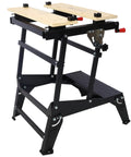 Hella Tough Portable Workbench Featuring A Heavy Duty Vise Foldable Work Table Holding Up To 550 Pounds showing steel frame and wooden top.