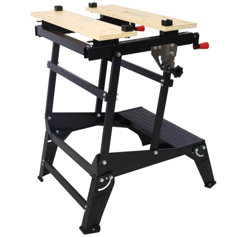 Hella Tough Portable Workbench Featuring A Heavy Duty Vise Foldable Work Table Holding Up To 550 Pounds showing steel frame and wooden top.