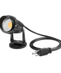 All Weather 5W LED Landscape Up Down Light With 110V Plug, cast aluminum body, glass lens, black, warm white glow, round base