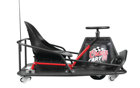 Side view of Crazy Cart XL Drifting Ride On Toy With High Torque Chain Driven Motor, powder-coated steel frame, steering wheel, and seat.