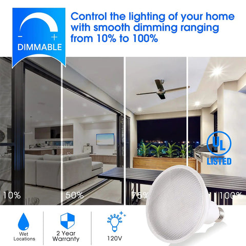 Pack Of 12 1250LM Par38 LED Flood Light Bulbs For Outdoor Use, dimming feature demonstration, living room lighting setup