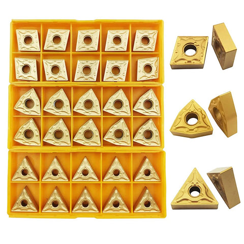 36-piece indexable carbide lathe insert set in a yellow organizer; square and triangular CNMG/WNMG/TNMG styles with center holes