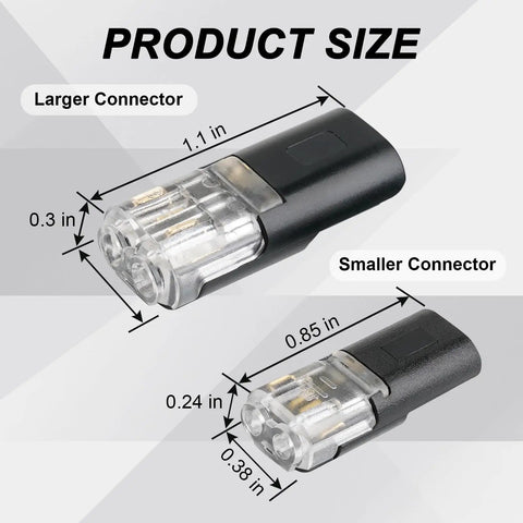 Double Quick Connectors Kit for Low Voltage Wiring showing size of larger and smaller connectors, black and transparent design