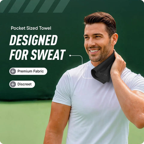 Man using Pocket Sized Sweat Towels For Face Hands And Body On The Go Quick Dry Microfiber Handkerchiefs, black