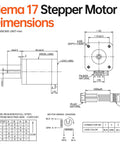 NEMA 17 stepper motor dimensions schematic with front and side views and 4-wire wiring diagram