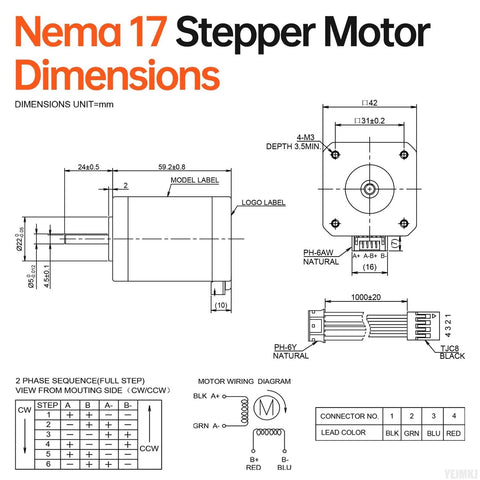 NEMA 17 stepper motor dimensions schematic with front and side views and 4-wire wiring diagram